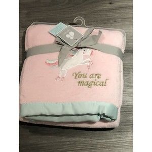 Just Born Baby Girl You are Magical Unicorn Blanket Fleece Aqua Satin Edge New